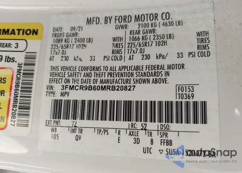 2021 Ford Bronco Sport Big Bend z USA, uszkodzony, nr VIN 3FMCR9B60MRB20827